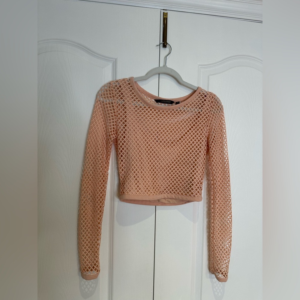Kardashian Kollection Peach Mesh Long Sleeve Crop Top